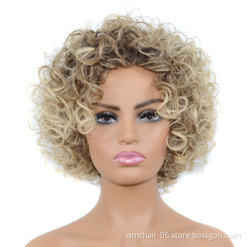 Big Afro Kinky Curly Short Synthetic Wigs Mixed Dark Light Brown 12inch For America Africa Women Hair Cosplay Heat Resistant